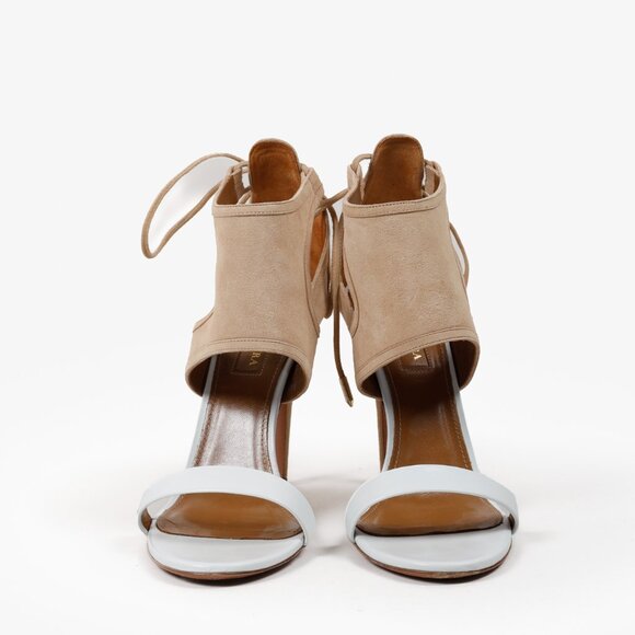 Aquazzura Beige & White Suede Sandals Heels - Picture 2 of 9